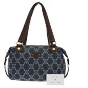 Celine Paris Macadam Shoulder Bag Handbag Denim Blue Brown Canvas Leather